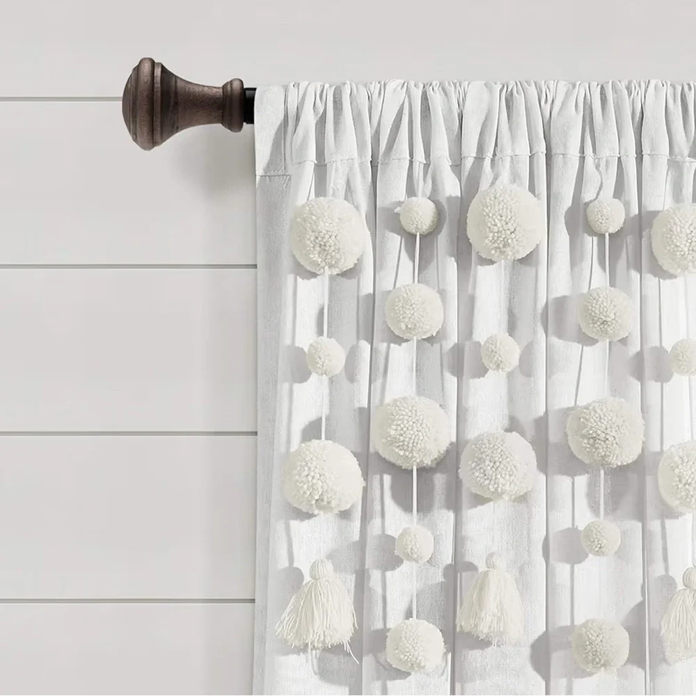 Lush Decor Boho Pom Pom Tassel Linen Textured Window Curtain Panel, Single panel